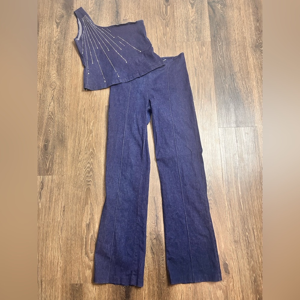 ISABEL Denim Jeans & One Shoulder Set Blue Pinstripe‎ Pant Zipper Women's M VTG